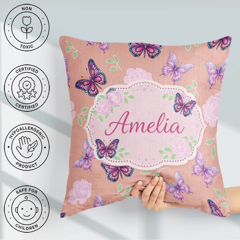 Custom Name Pink Purple Butterfly Floral Yellow Seamless Pattern Square Filled Cushion Throw Pillow Sofa Bed Home Decor Zip Washable UK Made