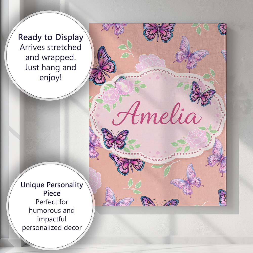 Personalised Name Pink Purple Butterfly Floral Yellow Background Custom  Interior Canvas Wall Art Print Decor Picture Ready to Hang