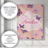 Personalised Name Pink Purple Butterfly Floral Yellow Background Custom  Interior Canvas Wall Art Print Decor Picture Ready to Hang
