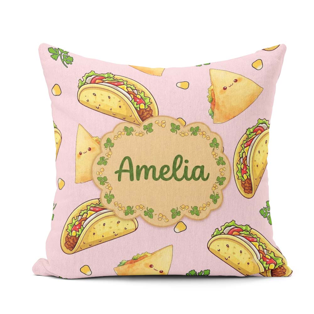 Custom Name Kawaii Tacos and Wraps Seamless Soft Pink Background Square Filled Cushion Throw Pillow Sofa Bed Home Decor Zip Washable UK Made