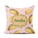 Custom Name Kawaii Tacos and Wraps Seamless Soft Pink Background Square Filled Cushion Throw Pillow Sofa Bed Home Decor Zip Washable UK Made