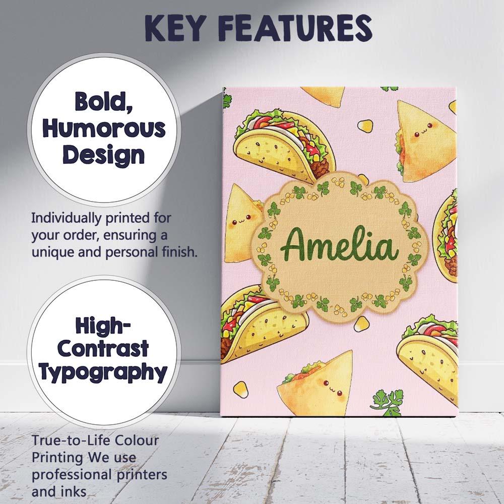 Personalised Name Cute Kawaii Tacos and Custom  Modern Room Accent Elegant Feature Canvas Wall Art Print Decor Picture Ready to Hang