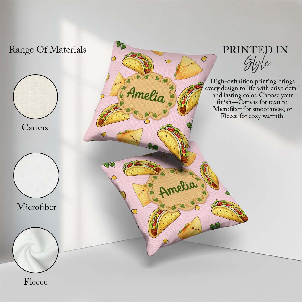 Custom Name Kawaii Tacos and Wraps Seamless Soft Pink Background Square Filled Cushion Throw Pillow Sofa Bed Home Decor Zip Washable UK Made