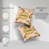 Custom Name Kawaii Tacos and Wraps Seamless Soft Pink Background Square Filled Cushion Throw Pillow Sofa Bed Home Decor Zip Washable UK Made