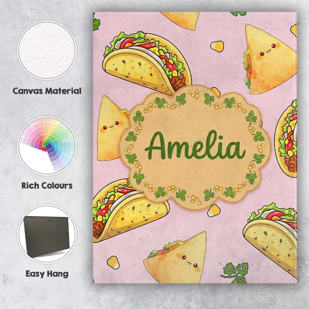 Personalised Name Cute Kawaii Tacos and Custom  Modern Room Accent Elegant Feature Canvas Wall Art Print Decor Picture Ready to Hang