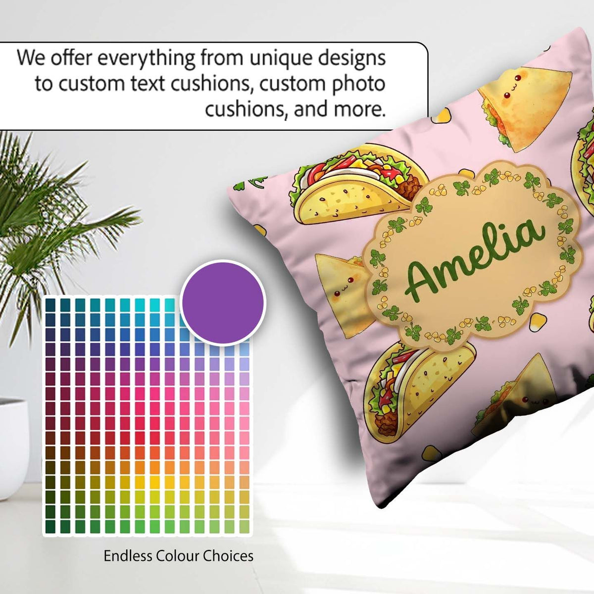 Custom Name Kawaii Tacos and Wraps Seamless Soft Pink Background Square Filled Cushion Throw Pillow Sofa Bed Home Decor Zip Washable UK Made