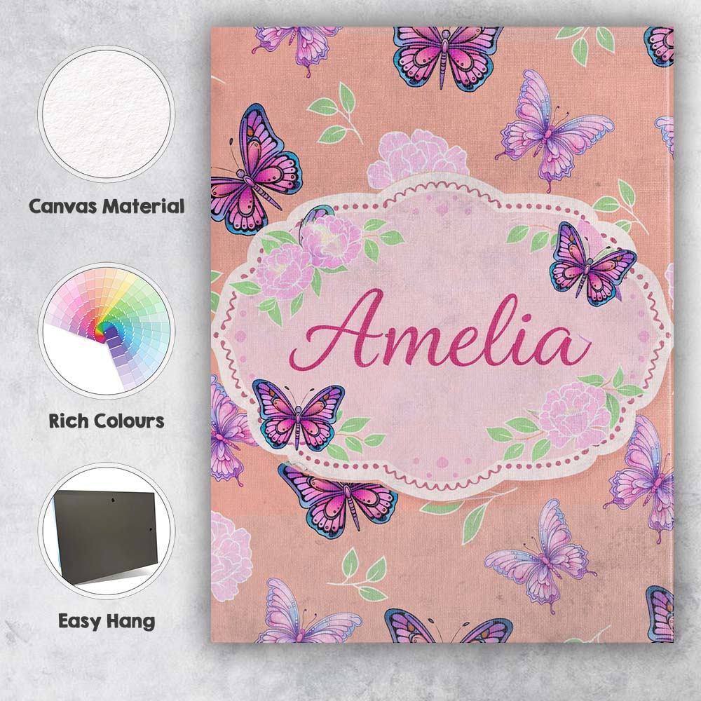 Personalised Name Pink Purple Butterfly Floral Yellow Background Custom  Interior Canvas Wall Art Print Decor Picture Ready to Hang