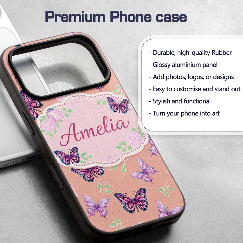 Pink Purple Butterfly Floral Yellow Background Custom Name Protective Phone Case Mobile Cover Durable Everyday Smartphone Shock Resistant