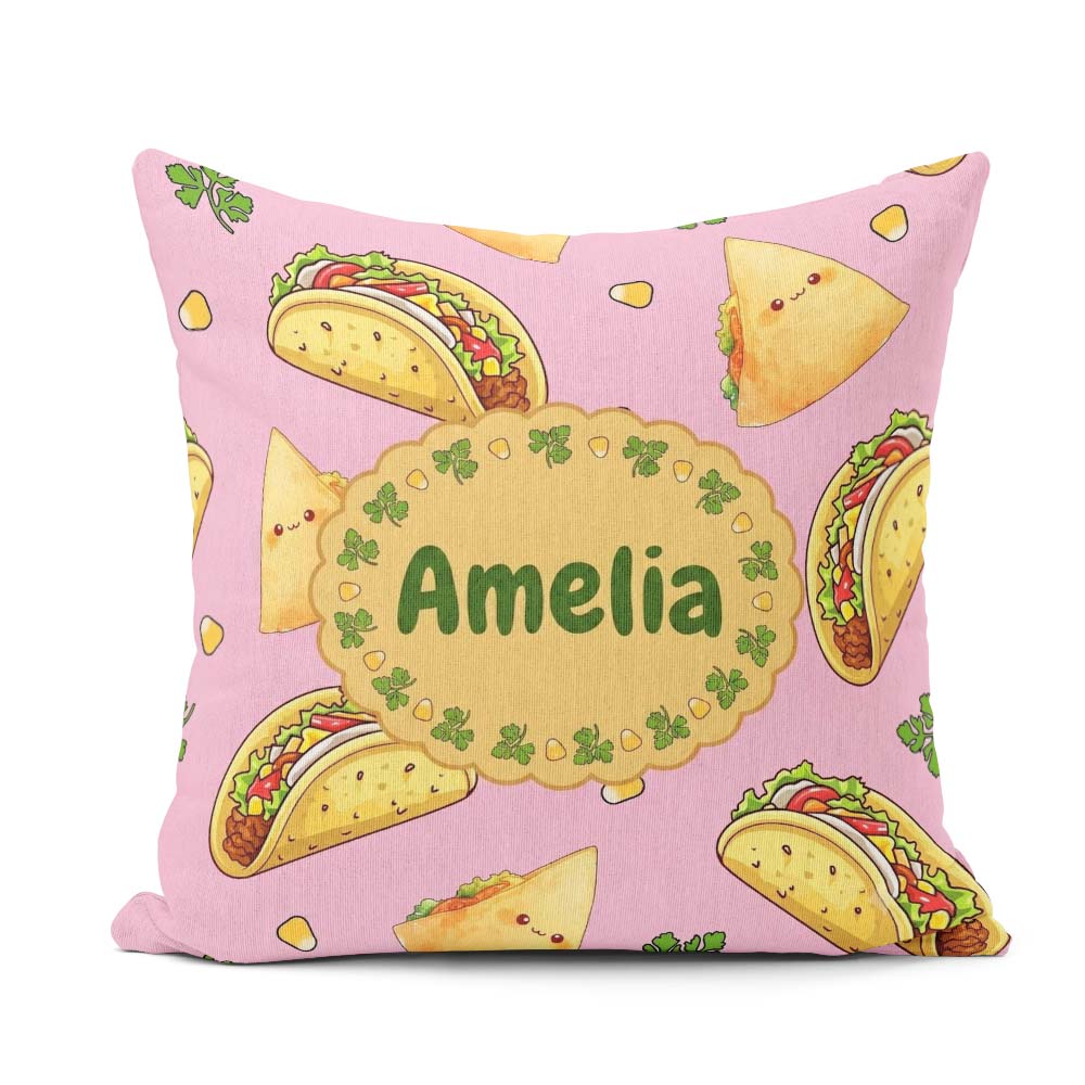 Custom Name Kawaii Tacos and Wraps Seamless Pattern Bright Pink Square Filled Cushion Throw Pillow Sofa Bed Home Decor Zip Washable UK Made
