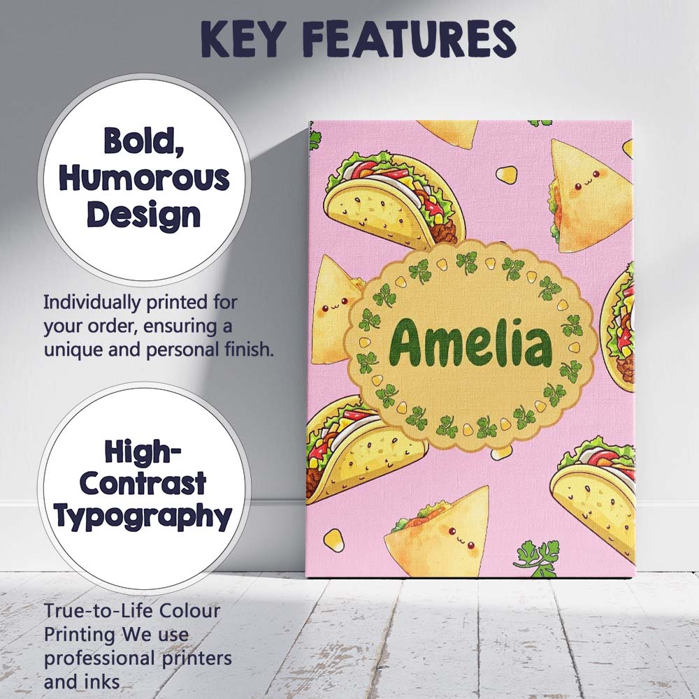 Personalised Name Cute Kawaii Tacos and Custom  Modern Room Accent Elegant Feature Canvas Wall Art Print Decor Picture Ready to Hang