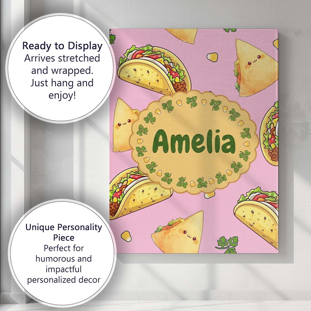 Personalised Name Cute Kawaii Tacos and Custom  Modern Room Accent Elegant Feature Canvas Wall Art Print Decor Picture Ready to Hang