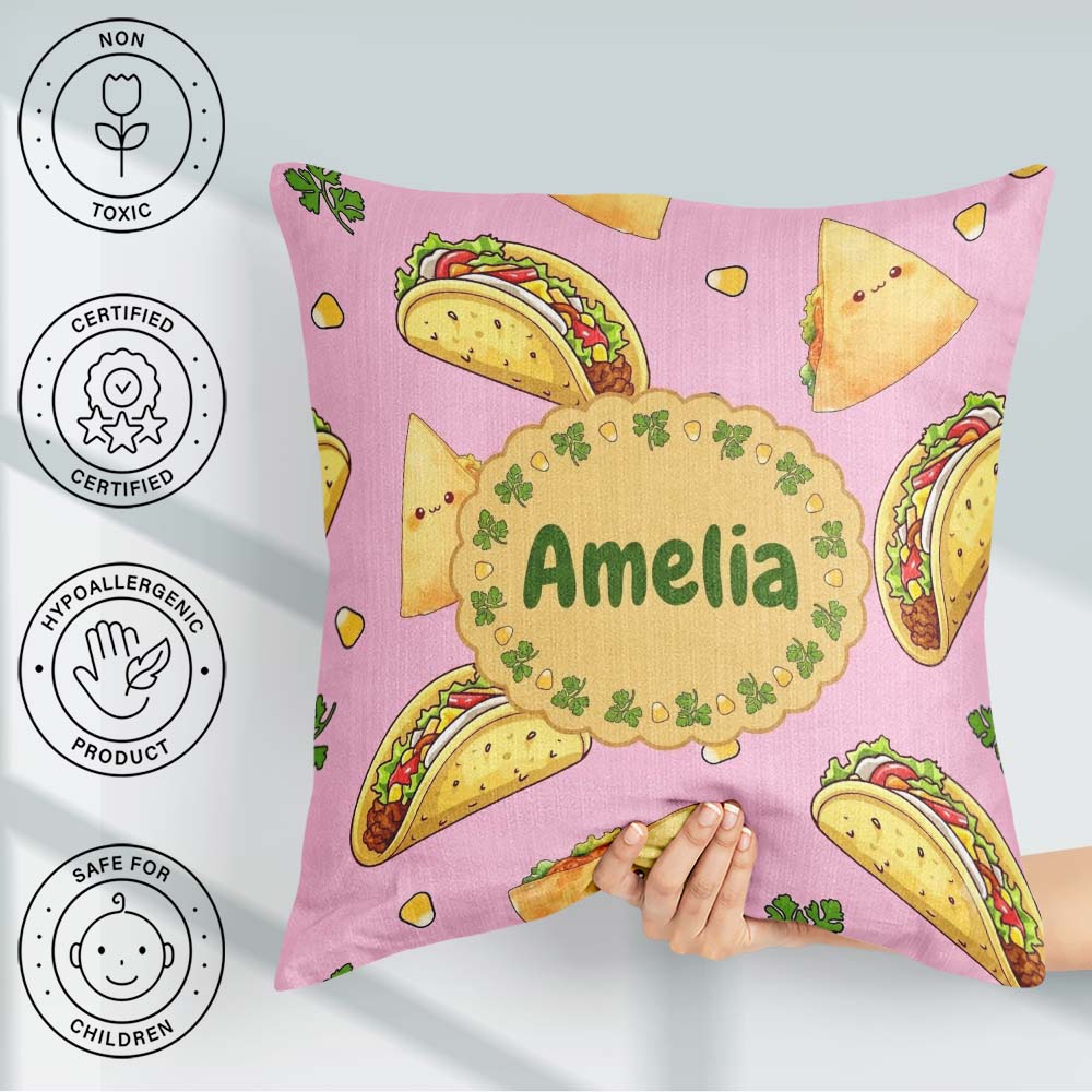 Custom Name Kawaii Tacos and Wraps Seamless Pattern Bright Pink Square Filled Cushion Throw Pillow Sofa Bed Home Decor Zip Washable UK Made