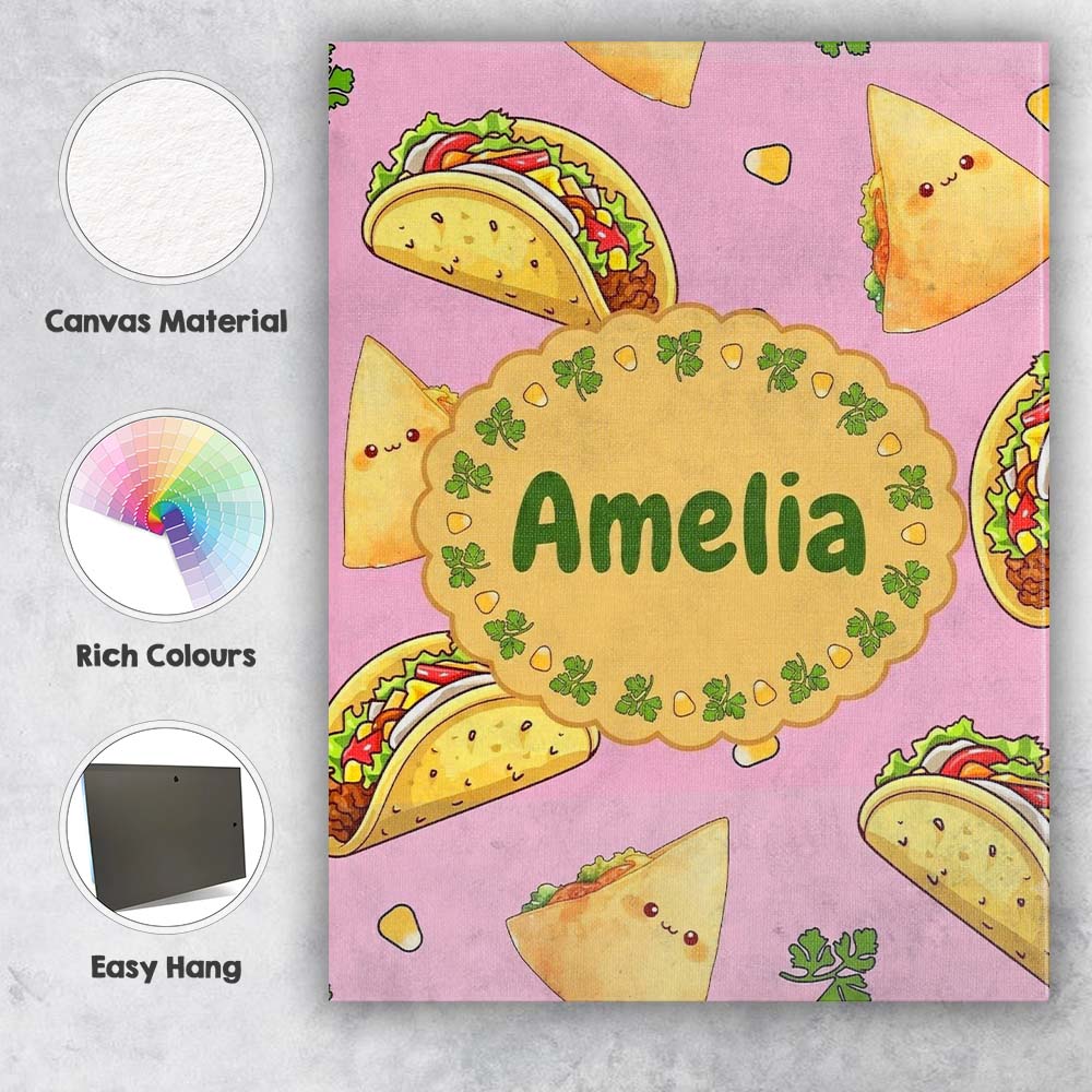 Personalised Name Cute Kawaii Tacos and Custom  Modern Room Accent Elegant Feature Canvas Wall Art Print Decor Picture Ready to Hang