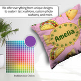 Custom Name Kawaii Tacos and Wraps Seamless Pattern Bright Pink Square Filled Cushion Throw Pillow Sofa Bed Home Decor Zip Washable UK Made