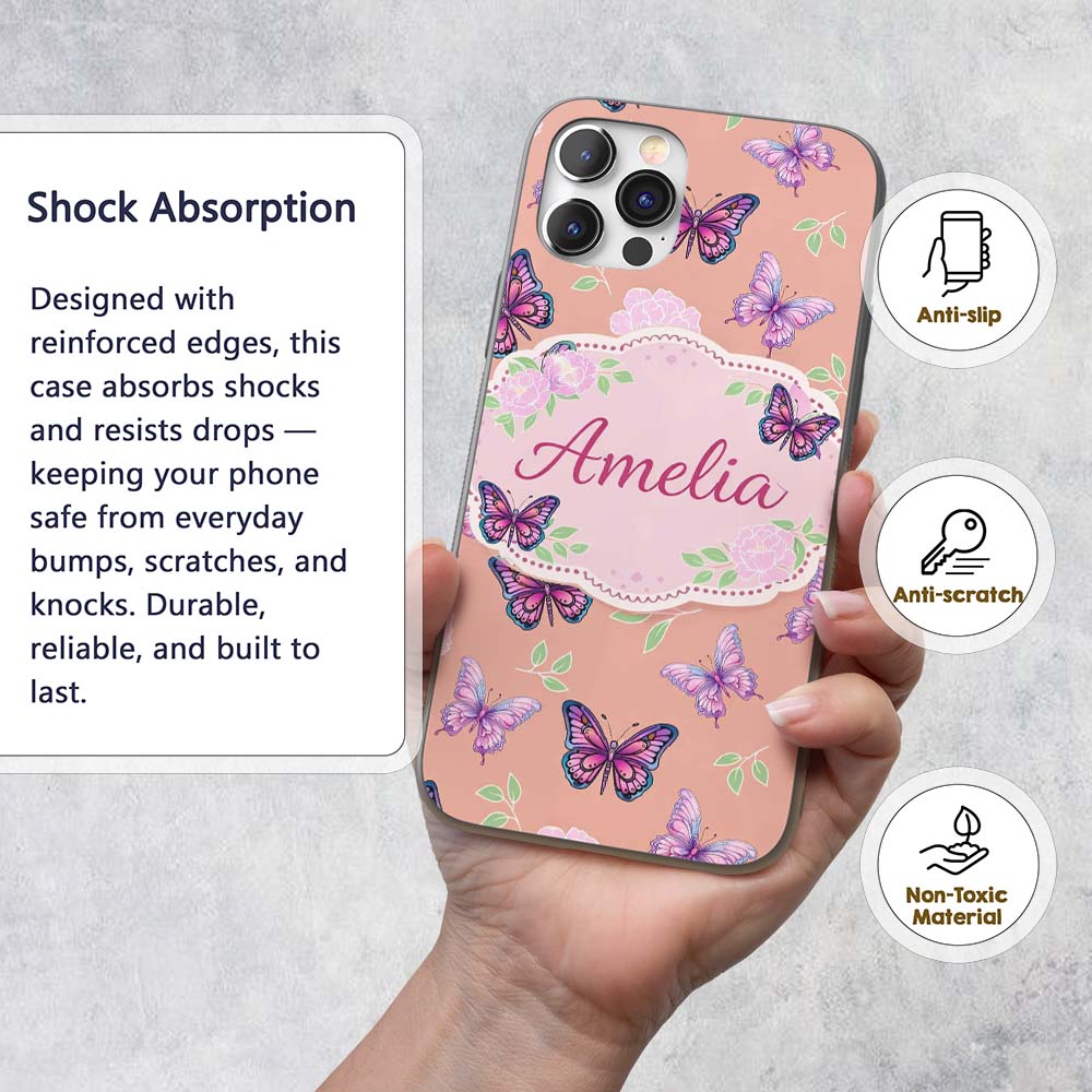 Pink Purple Butterfly Floral Yellow Background Custom Name Protective Phone Case Mobile Cover Durable Everyday Smartphone Shock Resistant