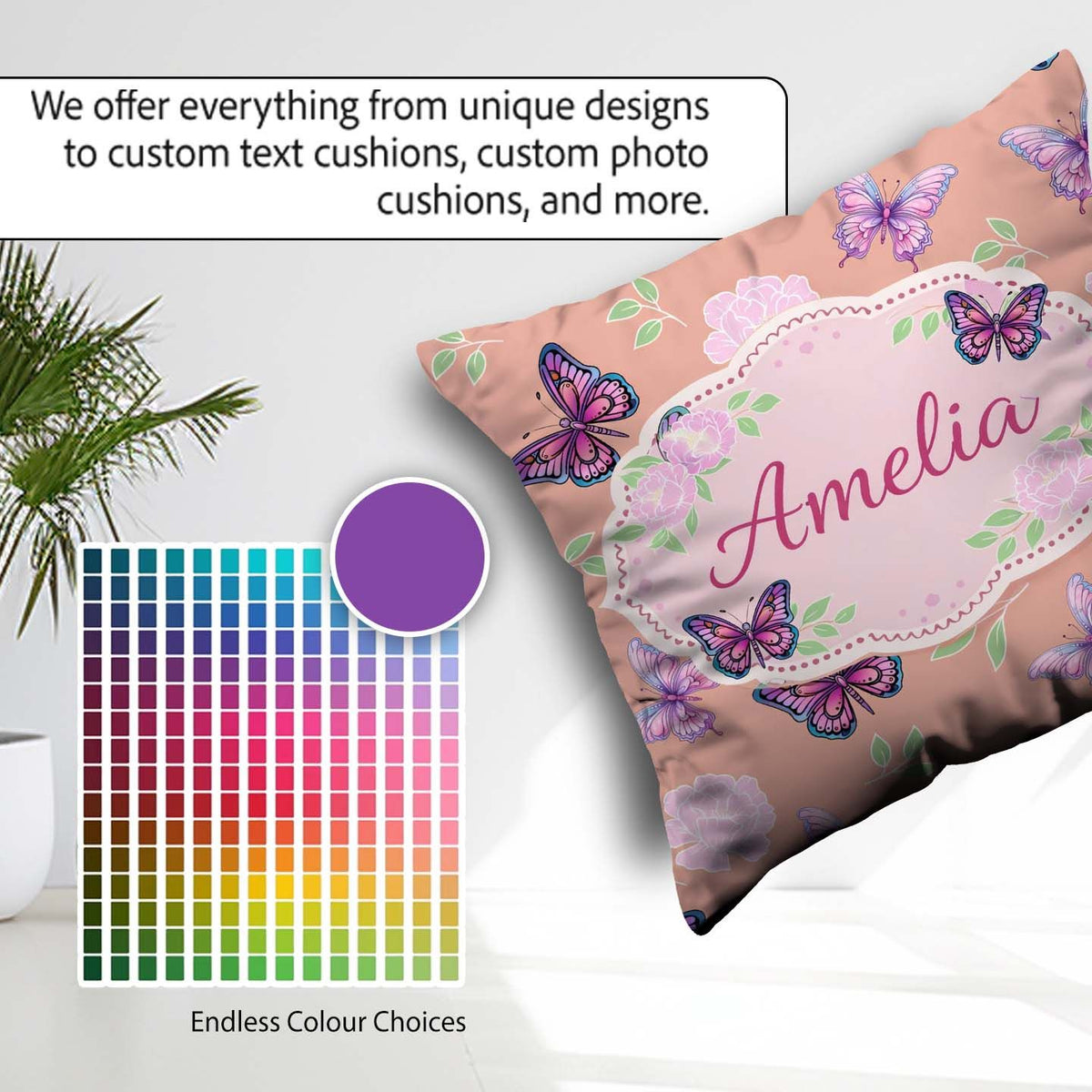 Custom Name Pink Purple Butterfly Floral Yellow Seamless Pattern Square Filled Cushion Throw Pillow Sofa Bed Home Decor Zip Washable UK Made