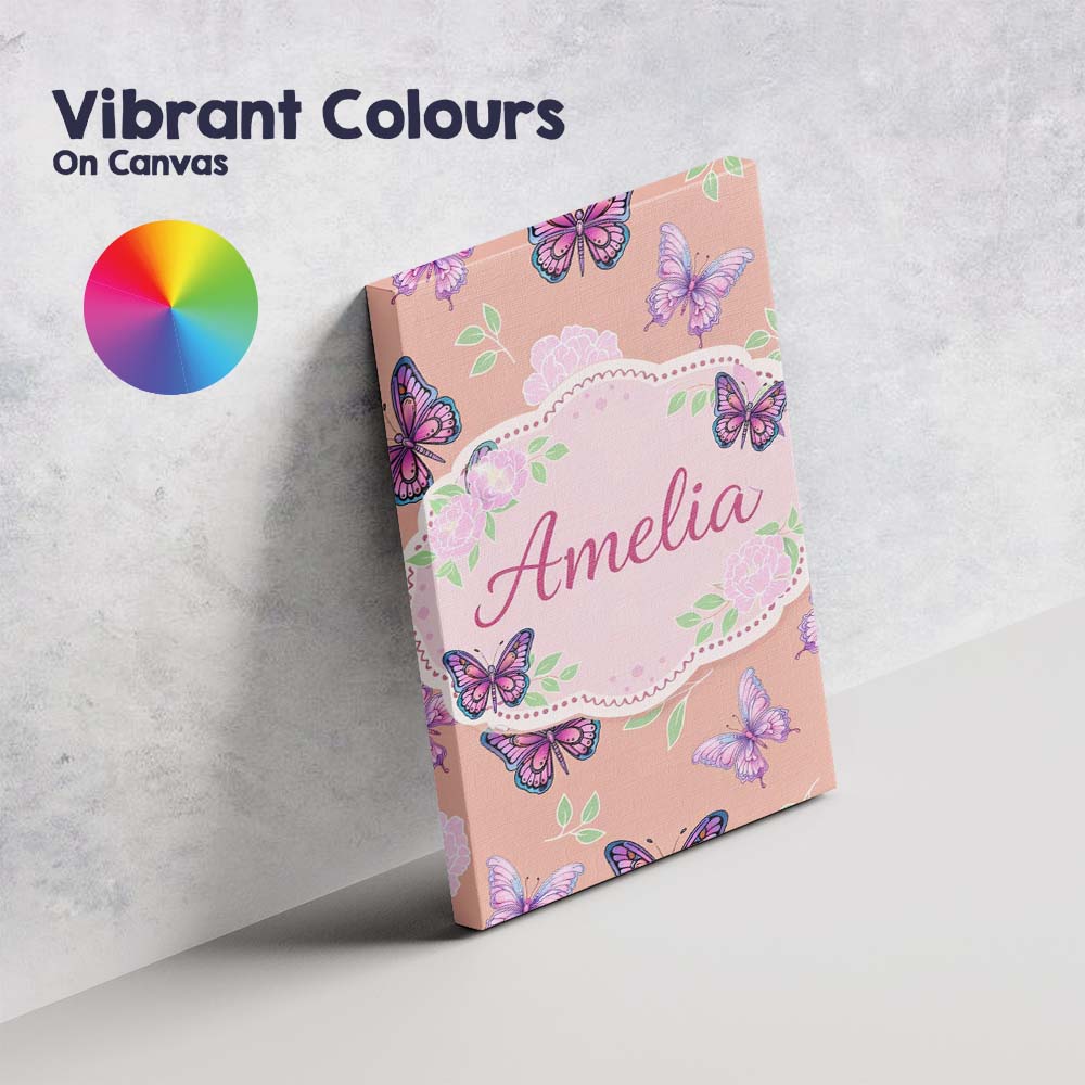 Personalised Name Pink Purple Butterfly Floral Yellow Background Custom  Interior Canvas Wall Art Print Decor Picture Ready to Hang