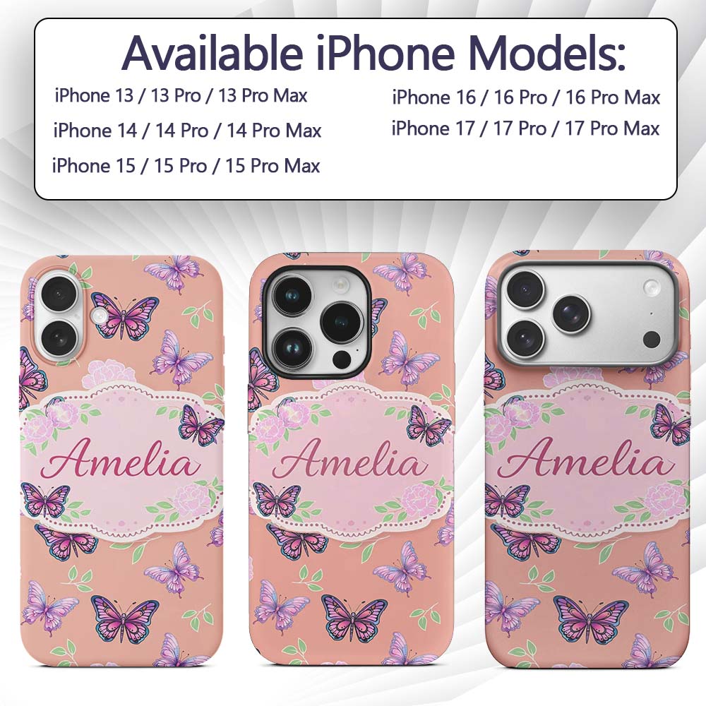 Pink Purple Butterfly Floral Yellow Background Custom Name Protective Phone Case Mobile Cover Durable Everyday Smartphone Shock Resistant