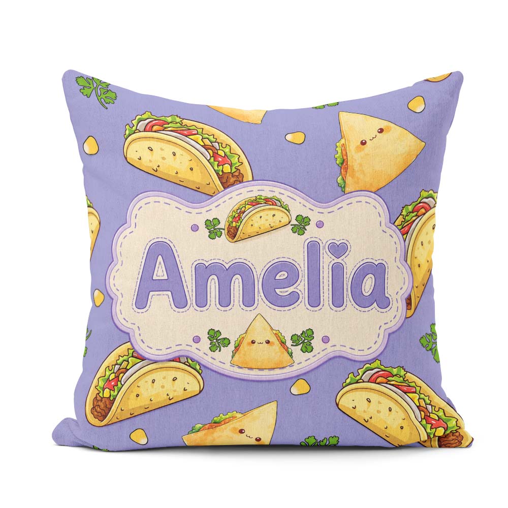 Custom Name Cute Kawaii Tacos and Wraps Seamless Pattern Purple Square Filled Cushion Throw Pillow Sofa Bed Home Decor Zip Washable UK Made