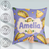 Custom Name Cute Kawaii Tacos and Wraps Seamless Pattern Purple Square Filled Cushion Throw Pillow Sofa Bed Home Decor Zip Washable UK Made