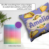 Custom Name Cute Kawaii Tacos and Wraps Seamless Pattern Purple Square Filled Cushion Throw Pillow Sofa Bed Home Decor Zip Washable UK Made