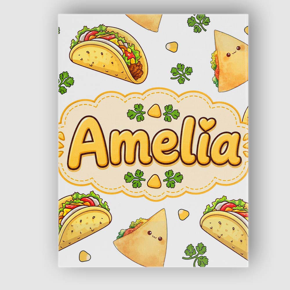 Personalised Name Cute Kawaii Tacos and Custom  Modern Room Accent Elegant Feature Canvas Wall Art Print Decor Picture Ready to Hang