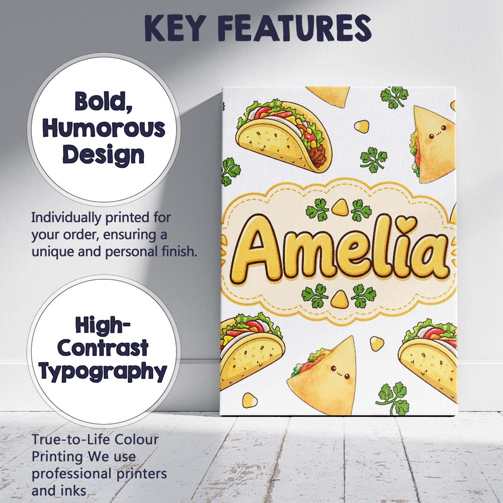 Personalised Name Cute Kawaii Tacos and Custom  Modern Room Accent Elegant Feature Canvas Wall Art Print Decor Picture Ready to Hang