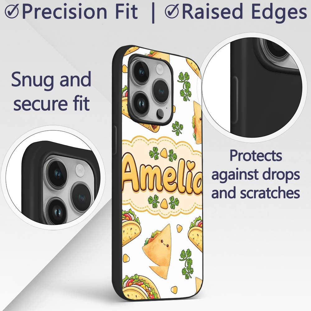 Cute Kawaii Tacos and Wraps Seamless Pattern Custom Name Protective Phone Case Mobile Cover Durable Everyday Smartphone Shock Resistant