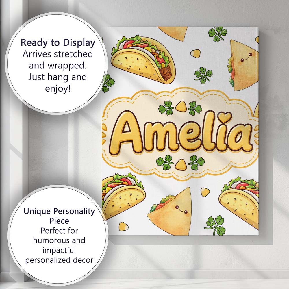Personalised Name Cute Kawaii Tacos and Custom  Modern Room Accent Elegant Feature Canvas Wall Art Print Decor Picture Ready to Hang
