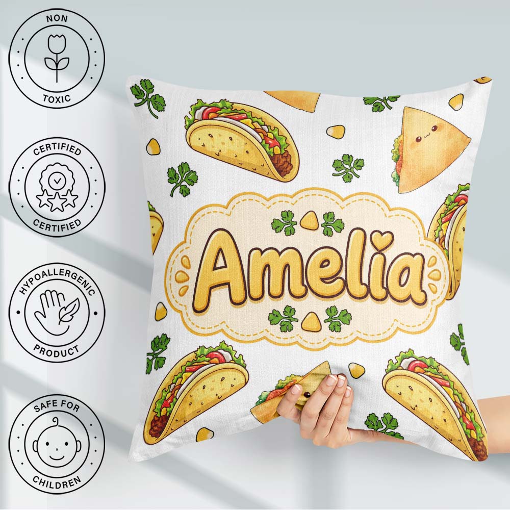 Custom Name Kawaii Tacos and Wraps Pattern Light Grey Background Square Filled Cushion Throw Pillow Sofa Bed Home Decor Zip Washable UK Made