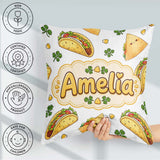 Custom Name Kawaii Tacos and Wraps Pattern Light Grey Background Square Filled Cushion Throw Pillow Sofa Bed Home Decor Zip Washable UK Made