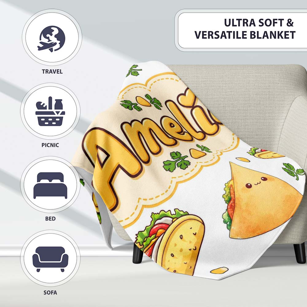 Cute Kawaii Tacos and Wraps Seamless Pattern Light Grey Background  Personalised Custom Name Super Soft Fleece Blanket Bed Sofa Throw