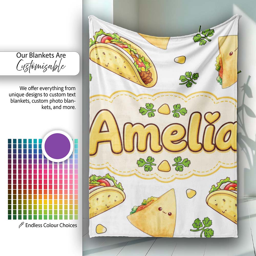 Cute Kawaii Tacos and Wraps Seamless Pattern Light Grey Background  Personalised Custom Name Super Soft Fleece Blanket Bed Sofa Throw