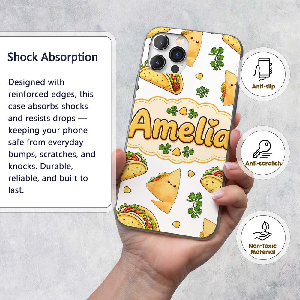 Cute Kawaii Tacos and Wraps Seamless Pattern Custom Name Protective Phone Case Mobile Cover Durable Everyday Smartphone Shock Resistant
