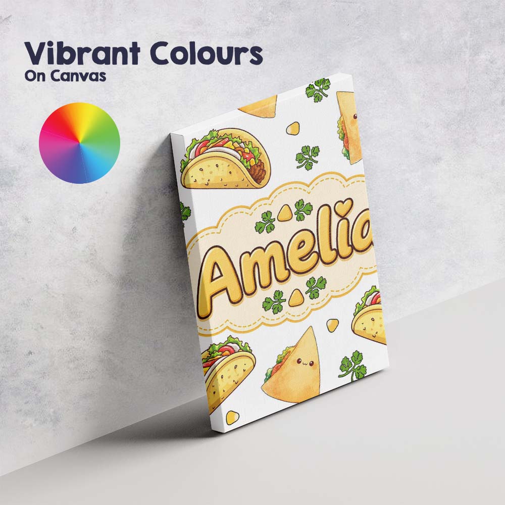 Personalised Name Cute Kawaii Tacos and Custom  Modern Room Accent Elegant Feature Canvas Wall Art Print Decor Picture Ready to Hang
