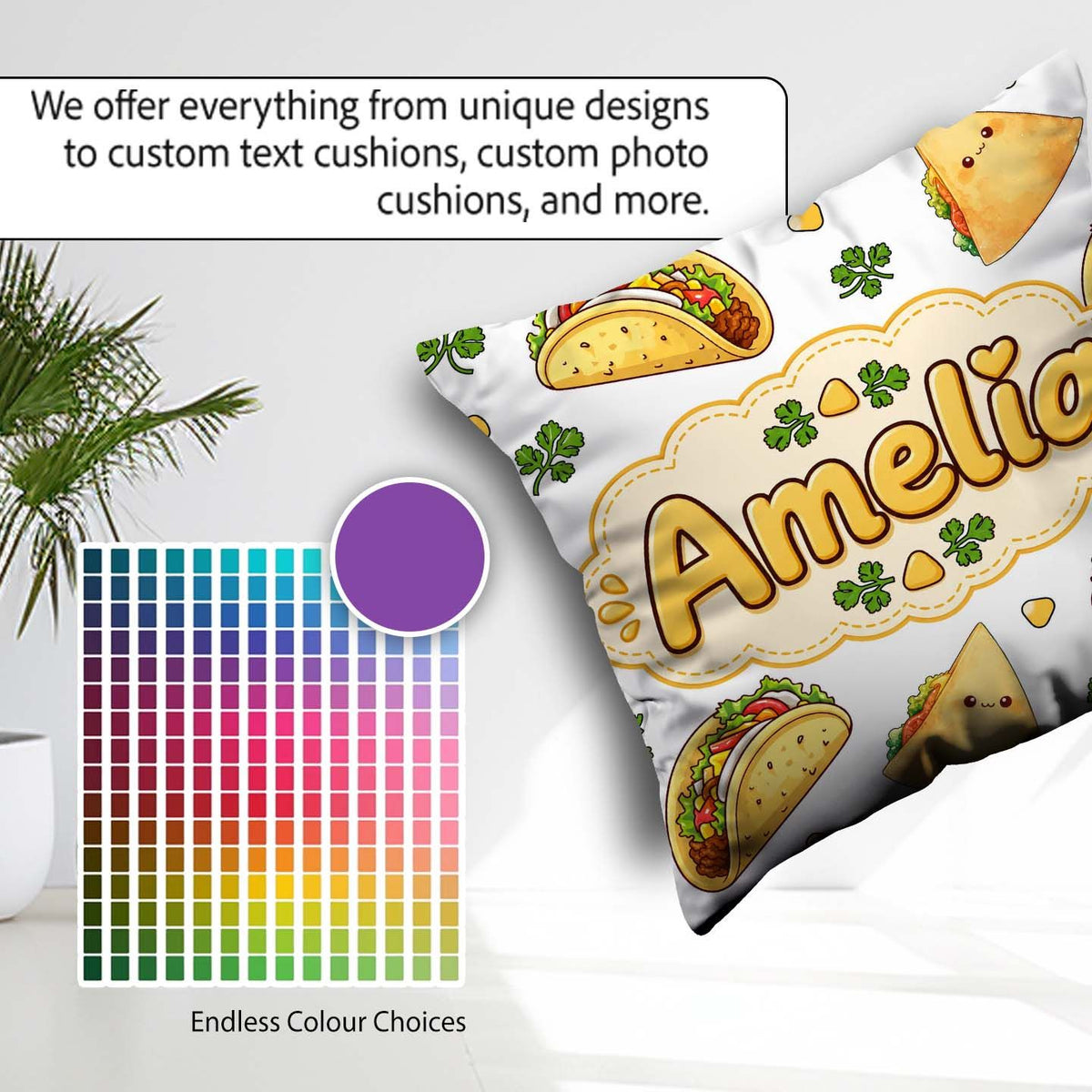 Custom Name Kawaii Tacos and Wraps Pattern Light Grey Background Square Filled Cushion Throw Pillow Sofa Bed Home Decor Zip Washable UK Made
