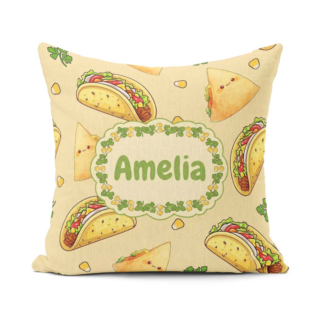 Custom Name Cute Kawaii Tacos and Wraps Seamless Pattern Yellow Square Filled Cushion Throw Pillow Sofa Bed Home Decor Zip Washable UK Made
