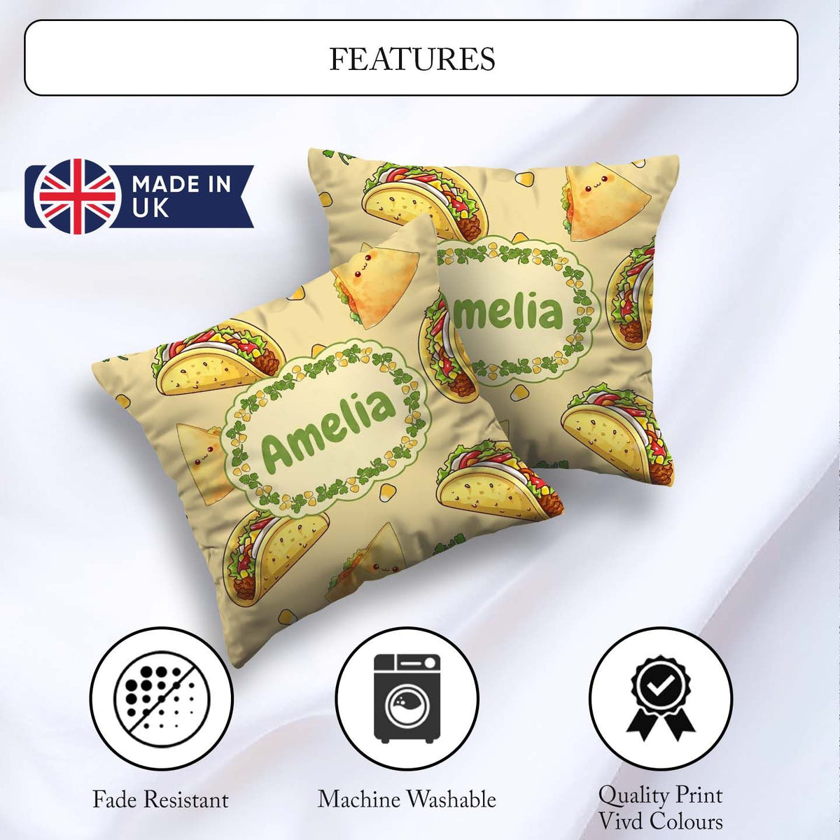 Custom Name Cute Kawaii Tacos and Wraps Seamless Pattern Yellow Square Filled Cushion Throw Pillow Sofa Bed Home Decor Zip Washable UK Made