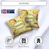 Custom Name Cute Kawaii Tacos and Wraps Seamless Pattern Yellow Square Filled Cushion Throw Pillow Sofa Bed Home Decor Zip Washable UK Made