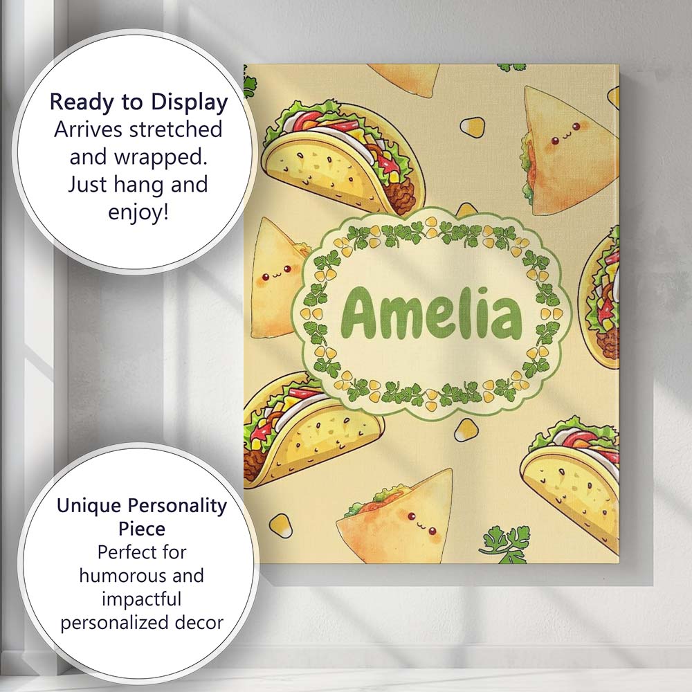 Personalised Name Cute Kawaii Tacos and Custom  Modern Room Accent Elegant Feature Canvas Wall Art Print Decor Picture Ready to Hang