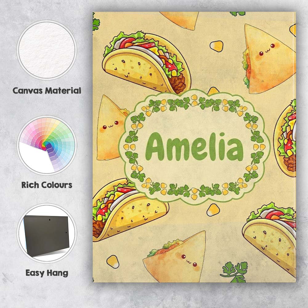 Personalised Name Cute Kawaii Tacos and Custom  Modern Room Accent Elegant Feature Canvas Wall Art Print Decor Picture Ready to Hang