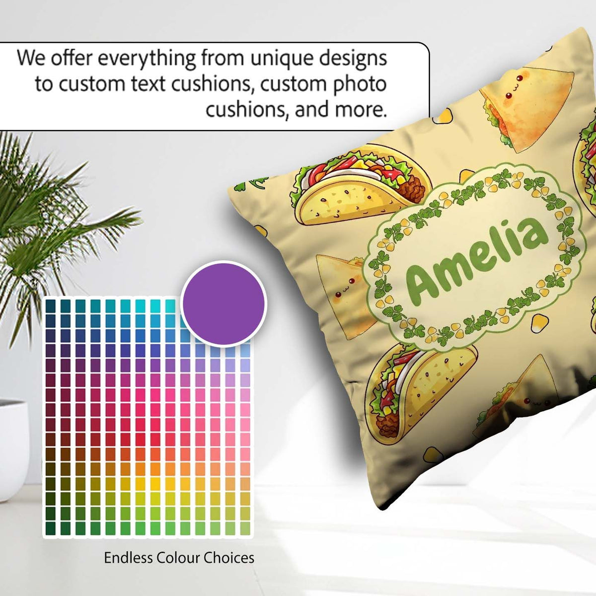 Custom Name Cute Kawaii Tacos and Wraps Seamless Pattern Yellow Square Filled Cushion Throw Pillow Sofa Bed Home Decor Zip Washable UK Made