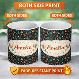 Personalized Custom Name Christmas Tree Scandinavian Dark Background Seamless Pattern Lovely 11oz Ceramic Coffee Tea Mug White Large Handle