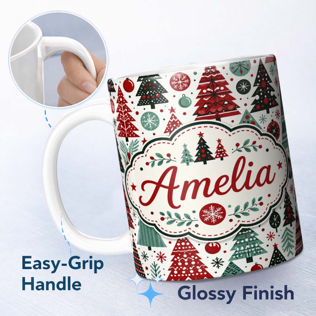 Personalized Custom Name Festive Christmas Trees Red Green Baubles Snowflakes Seamless Lovely 11oz Ceramic Coffee Tea Mug White Large Handle