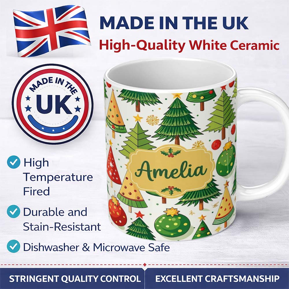 Personalized Custom Name Whimsical Christmas Trees with Baubles Ornaments and Snowflakes 11oz Ceramic Coffee Tea Mug White Large Handle
