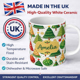 Personalized Custom Name Whimsical Christmas Trees with Baubles Ornaments and Snowflakes 11oz Ceramic Coffee Tea Mug White Large Handle
