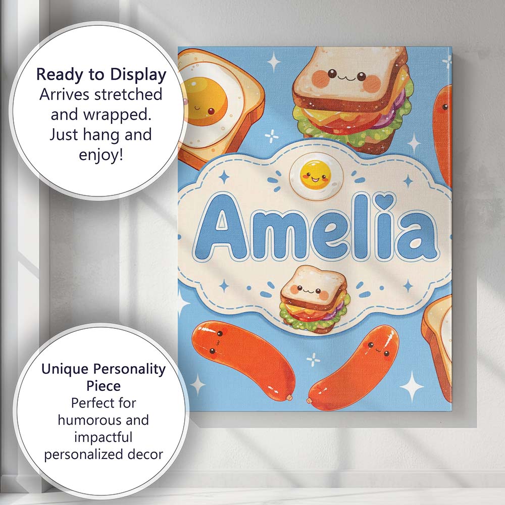 Personalised Name Kawaii Breakfast Eggs Custom  Modern Room Accent Elegant Feature Canvas Wall Art Print Decor Picture Ready to Hang