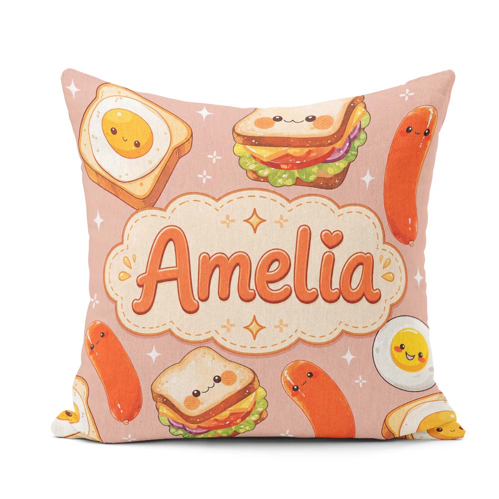 Custom Name Kawaii Breakfast Sausage and Sandwich Beige Seamless Square Filled Cushion Throw Pillow Sofa Bed Home Decor Zip Washable UK Made