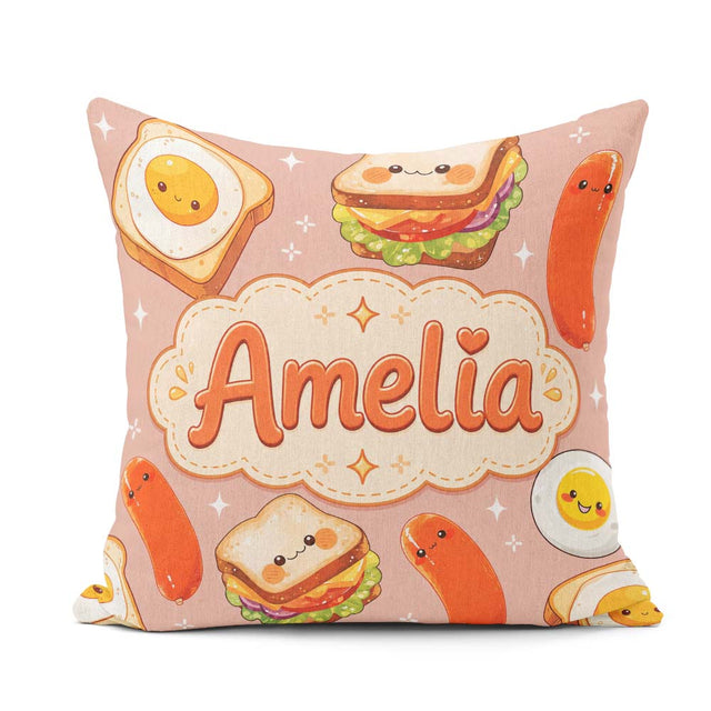 Custom Name Kawaii Breakfast Sausage and Sandwich Beige Seamless Square Filled Cushion Throw Pillow Sofa Bed Home Decor Zip Washable UK Made