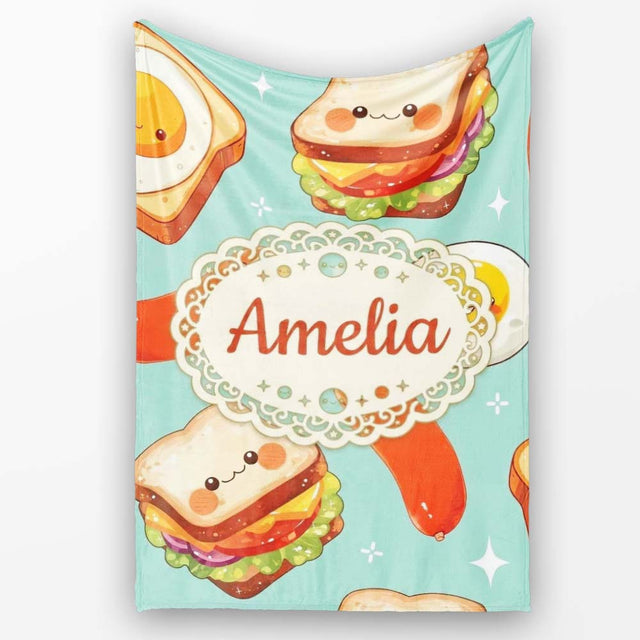 Kawaii Breakfast Eggs Sausage and Sandwich Teal Seamless Pattern  Personalised Custom Name Super Soft Fleece Blanket Bed Sofa Throw